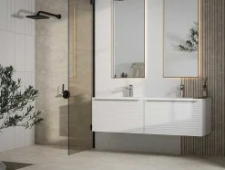 Wit Hangmeubel Voor Badkamer Met Groeven Met Dubbele Inbouwwastafel - 120 Cm - Latoma