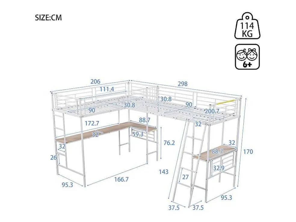 2-Zits Tussenbed - 2 X 90 X 200 Cm - Met Hoekbureau En Ladders - Metaal - Wit