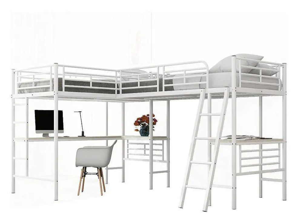 2-Zits Tussenbed - 2 X 90 X 200 Cm - Met Hoekbureau En Ladders - Metaal - Wit