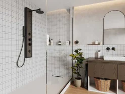 Zwarte Douchekolom Met Massagestralen Met Houten Decoratie - H127 X L48,5 Cm - Ubala